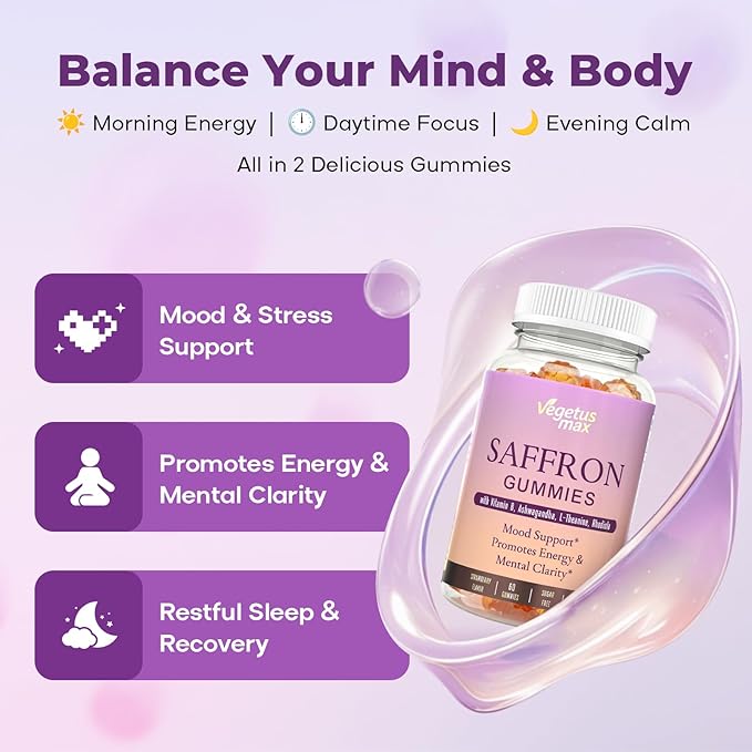 Saffron Supplements Gummies, 88.5mg Pure Saffron Extract with Ashwagandha L-Theanine Rhodiola Rosemary Magnesium Vitamin B6 B12 for Mood Focus Support Adults Kids - 60 Count