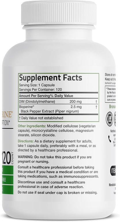 Bronson DIM Supplement 200 MG Diindolymethane with BioPerine for Enhanced Absorption, Estrogen Metabolism & Maintains Balanced Hormone Levels, 120 Vegetarian Capsules