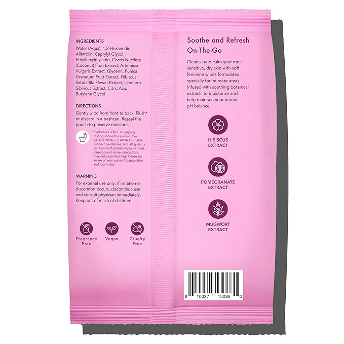 Rael Feminine Wipes, Flushable, Travel Size, All Skin Types, Daily Use (Soothing, 30 Count Pack of 3)