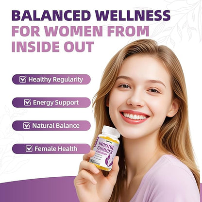 Myo-Inositol & D-Chiro Inositol Gummies for Female，PCOS Gummy for Women Menstrual Cycle Health & Wellness, 40:1 Ratio Inositol with Vitamin D3 Magnesium Glycinate, Folate & Zinc