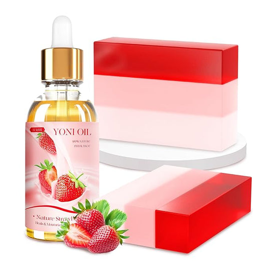 Yoni Soap Bars & Natural Yoni Oil Set, Natural Yoni Wash for Women Feminine Wash Deodorants pH Balance, Eliminates Odor, Strawberry Feminine Oil 30ml/1 oz, 2pcs 3.53 oz Bath Soap
