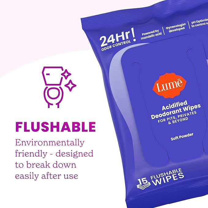 Lume Acidified Deodorant Wipes - 24 Hour Odor Control - Whole Body Deodorant Wipes - Aluminum Free, Baking Soda Free, Skin Loving - Flushable - 15 Count - 3 Pack (Soft Powder)