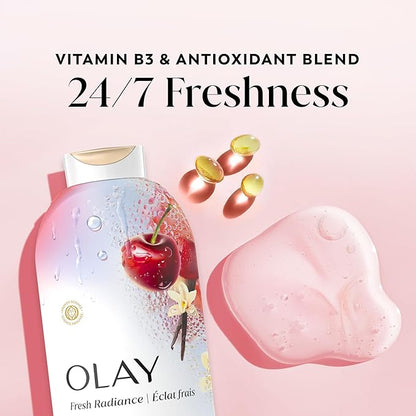 Olay Body Wash for Women, Fresh Radiance, 24/7 Skin-Loving Freshness, Visibly Radiant, Plant Based Cleansers, Vitamin B3 & Antioxidant Blend, For All Skin Types, Black Cherry & Vanilla Scent, 22 fl oz
