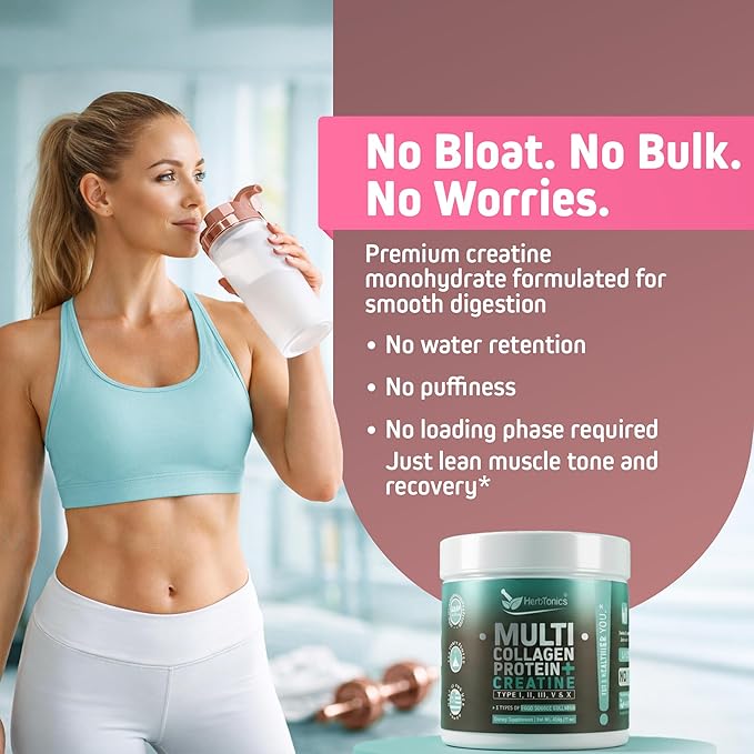 Herbtonics Creatine for Women 5000mg Creatine Monohydrate + Multi Collagen Protein Powder (Type I, II, III, V, X) – Lean Muscle, Recovery & Skin Support – Grass-Fed, No Bloat, Unflavored – 30 Servings