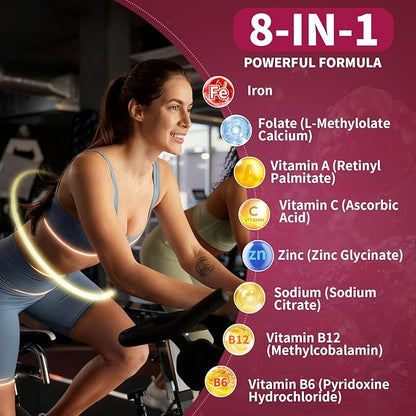 Iron Gummies for Women & Men, Vegan Iron Supplement Gummies with Vitamin C, A, B-Complex, Folate, Zinc- for Immune Health & Energy Support, Raspberry Flavor, 60 Count