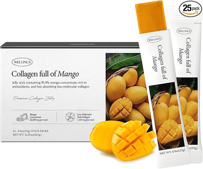 WELLINUS Korean Collagen Jelly Sticks - 25 Mango Flavored Marine Collagen Peptide Snacks for Anti-Aging- Collagen Protein Sugar-Free, Travel Packs for Hair & Nail Strength