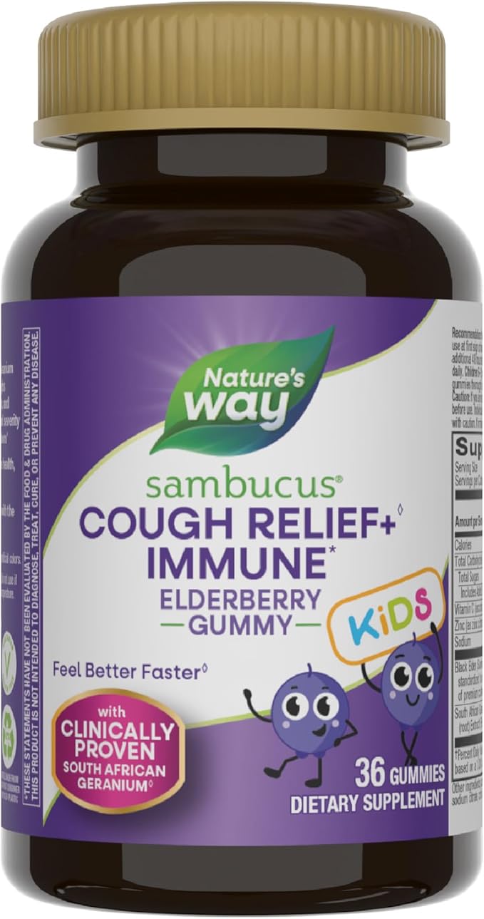 Nature’s Way Sambucus Kids Cough Relief +(1) Immune Gummy*, Feel Better Faster(1), Clinically Proven South African Geranium, with Elderberry, Vitamin C & Zinc, Gluten Free, Vegetarian, 36 Gummies