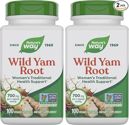 Nature's Way Wild Yam Root Capsules,Women's Traditional Health Support*,700 mg per 2-Capsule Serving,Non-GMO Project Verified,100 Vegan Capsules (Packaging May Vary),(Pack of 2)