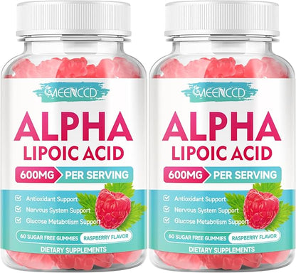 MEENCCD 2 Pack Alpha Lipoic Acid Gummies 600mg - ALA Supplement for Antioxidant Support, Vegan, Sugar-Free, Raspberry Flavor, 120 Count