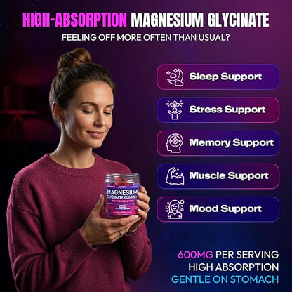Magnesium Glycinate Gummies 600mg, [2-in-1 Dual Flavor Mix] - Sugar-Free, High Absorption Magnesium Supplement for Adults, Muscle Support and Relaxation, Vegan & Non-GMO