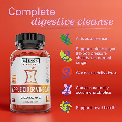 Zhou Apple Cider Vinegar Gummies - ACV Gummies for Women and Men with Elderberry, Delicious Taste with Raw Cane Sugar, USDA Organic - 60 Vegan Gummies
