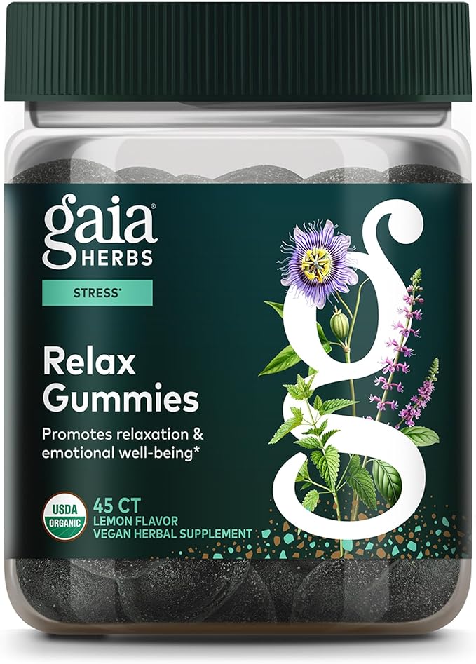 Gaia Herbs Relax Gummies - Supports Calm Feelings* - with Passionflower & Lemon Balm - 45 Vegan Gummies (15 Servings)