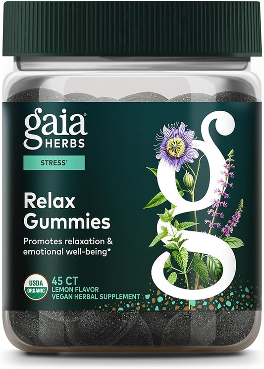 Gaia Herbs Relax Gummies - Supports Calm Feelings* - with Passionflower & Lemon Balm - 45 Vegan Gummies (15 Servings)