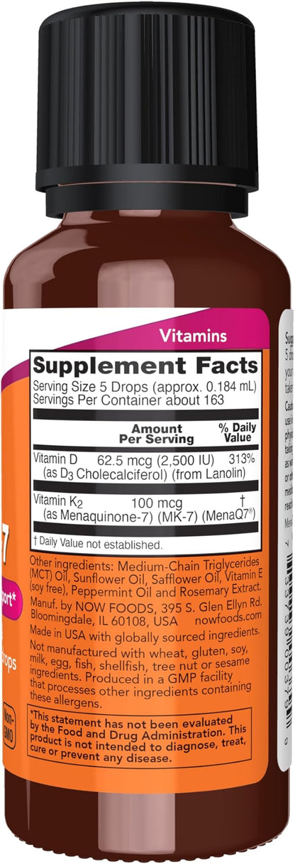NOW Foods Supplements, Liquid D-3 & MK-7 with 2,500 IU Vitamin D-3 & 100 mcg Vitamin K-2 per 5 drops, 1-Ounce