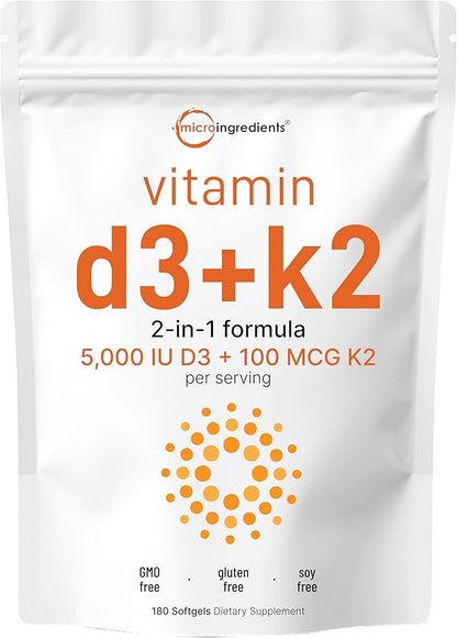 Micro Ingredients Vitamin D3 5,000 IU + K2 MK-7 100 mcg, 180 Softgels | 2-in-1 Formula | Easy to Swallow, Non-GMO