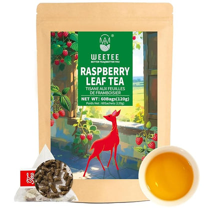 WT WEETEE Red Raspberry Leaf Tea Bags, 60 Count Corn Fibre, Pure Cut & Sifted Raspberry Leaves, No Sugar, No Caffeine, Natural Pregnancy Tea