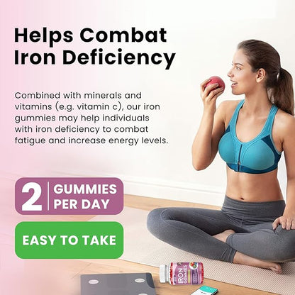 Iron Gummies with Multivitamin, Iron Supplement for Women & Men, Kids Multivitamin with Iron, Zinc, Vitamin B Complex & C, B12, Folate - Blood Builder, Energy Support, Peach Flavor, Vegan 120 Gummies