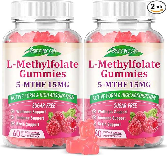 MEENCCD 2 Pack L-Methylfolate 15mg Gummies, Methylfolate Supplement, 5-MTHF Supplement - Active 5-MTHF - Supports Overall Wellness, Vegan, Raspberry Flavor, 120 Count