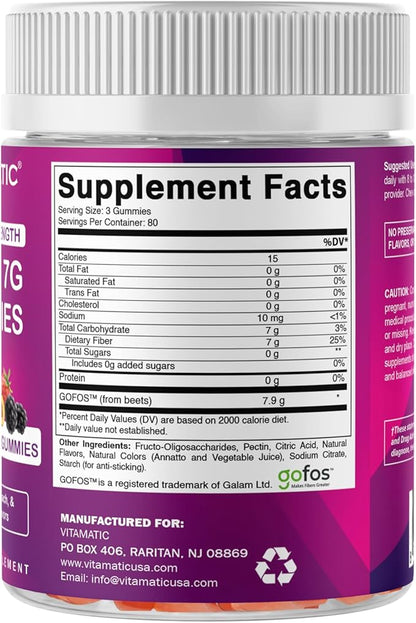 Vitamatic Prebiotic Fiber Gummies for Adults, 7G Extra Strength, Zero Sugar Added, 240 Pectin Based Gummies, Digestive Health & Regularity Support