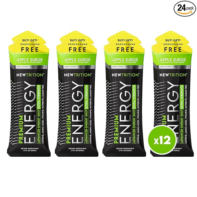 NewTrition® Extra Strength Energy Shots, 1.7 fl oz - 250mg Caffeine with Vitamin B & Amino Acids, Sugar-Free, Zero Calorie Vitamin Energy Drink for Focus & Endurance (Pack of 12, Apple Surge)