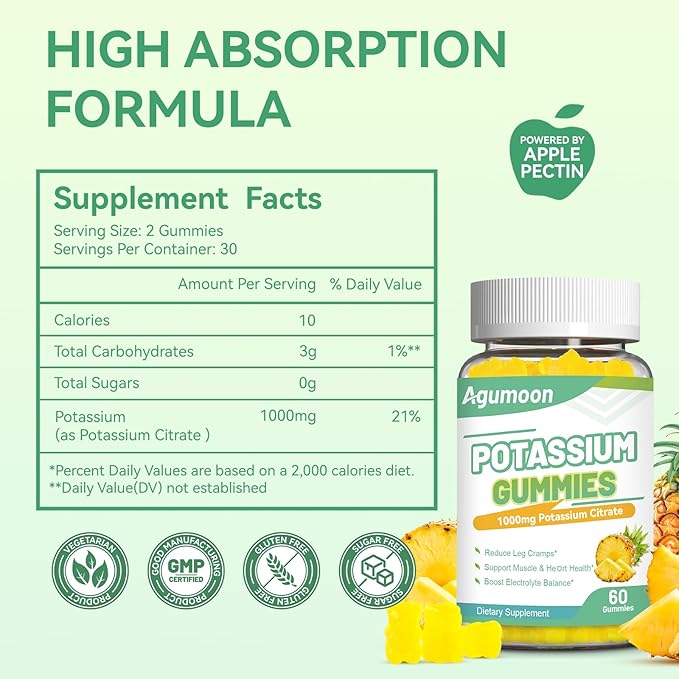 Potassium Gummies 1000mg, Potassium Citrate Gummies for Adults Women & Men, Chewable Potassium Supplement Support Leg Cramps & Muscle Health - Sugar Free, Vegan,120 Count
