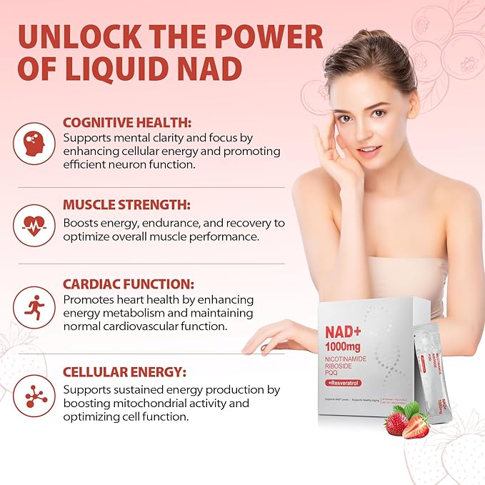 1000mg High-Potency NAD Liquid Supplement, Nicotinamide Riboside & Resveratrol with PQQ, Boosts Cellular Energy, Focus & Healthy Aging - 2 Pc