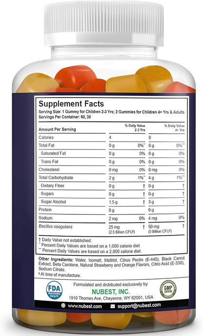 NuBest Daily Probiotic Gummies for Kids & Teens with 5 Billion CFUs | Supports Immune, Gut, and Digestive Health | No Added Sugar | Yummy Strawberry & Orange Flavors | 60 Premium Vegan Gummies