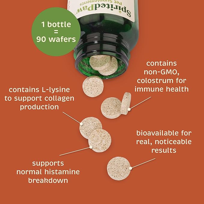Spirited Paw Skin + Allergy - Seasonal Allergy Support - Aids Skin Health & Shinier Coats - Non-GMO Colostrum & Licorice Root Chews - Pet Supplement for Dogs & Cats - 90 Chewable Wafers