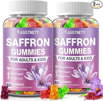 Saffron Gummies for Kids & Adults 88.5mg Saffron Extract, Cαlm, Focus & Mood Support, Saffron Supplement with L-Theanine, St.John's Wort, Lemon Balm, Magnesium, Gentle Nerve & Rest Support (Pack of 2)