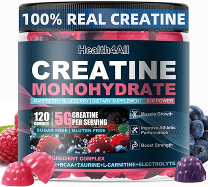 Health4All Creatine Monohydrate Gummies 5g for Men & Women, Creatine Gummy for Strength Energy & Muscle Growth Support Pre-Workout Supplement - Raspberry & Blueberry 120 Gummy