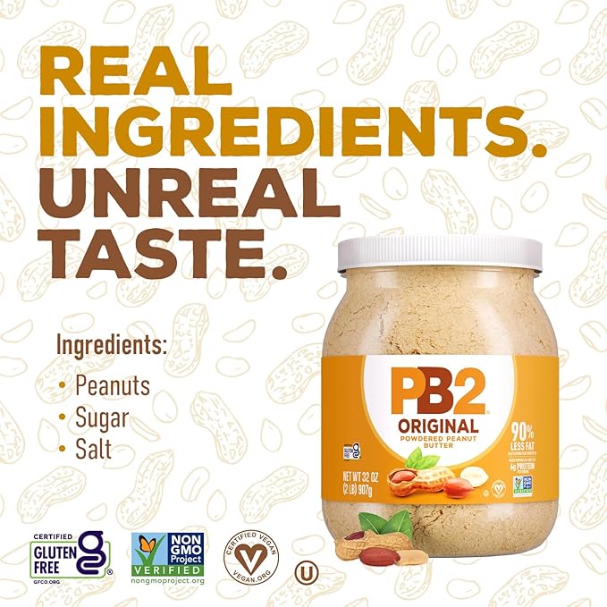 PB2 Original Powdered Peanut Butter - [32 Ounce Jar] 6g of Protein, 90% Less Fat, Certified Gluten Free, Only 60 Calories per Serving, Perfect for Protein Shakes, Smoothies, and Low-Carb, Keto Diets