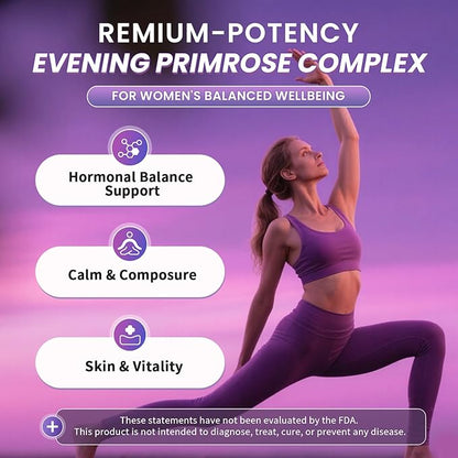 Lukaree Evening Primrose Oil Complex for Women – Hormone Wellness with Cold-Pressed EPO, 10% GLA, Sage, Fulvic Acid, L-Theanine – Supports Cyclical Balance, Mood, Skin & Immune Health, 90 Softgels