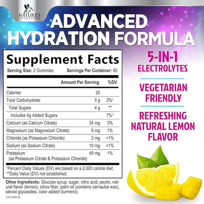 Hydration Electrolyte Gummies - Daily Liquid Replenisher Gummy - Electrolyte Multiplier with Minerals, Potassium & Real Salt - Vegan, Non-GMO - Tasty Lemon Flavor Hydration Electrolytes - 120 Gummies