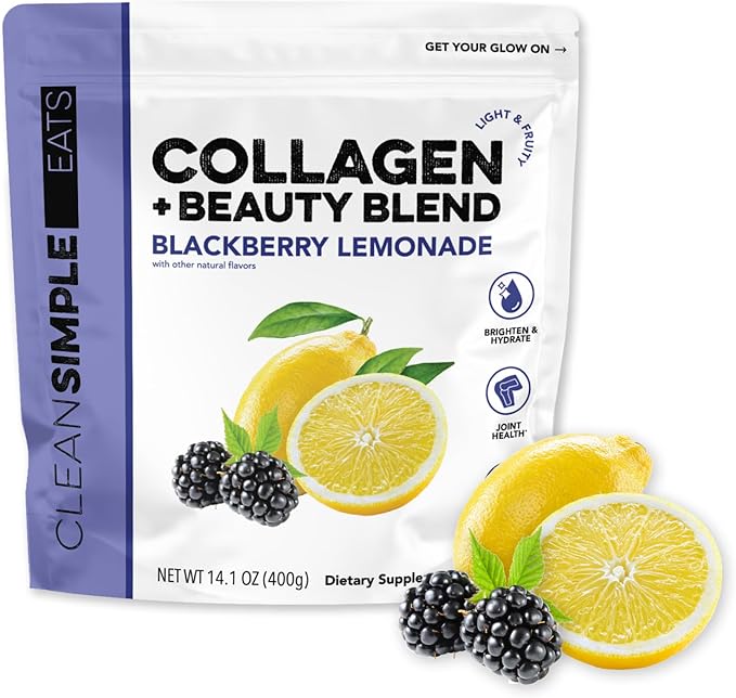 Clean Simple Eats Collagen Powder + Beauty Blend, BlackBerry Lemonade, Hydrolyzed Collagen Peptides from Grass Fed Bovine & Chicken, Hyaluronic Acid for Hair, Skin, Nail & Joint Support, 30 Servings