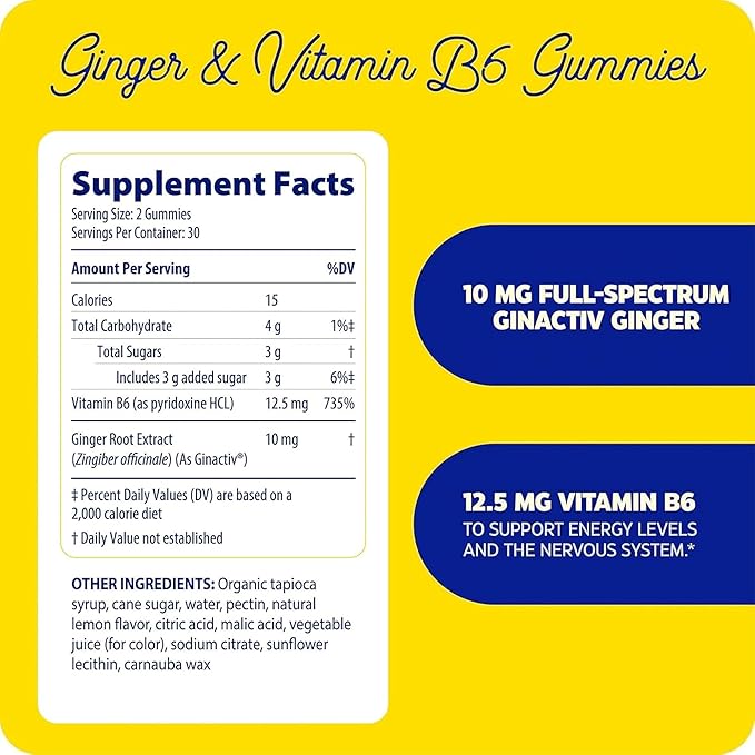 Enzymedica Ginger Root & Vitamin B6 Gummies for Women & Men, Support for Occasional Nausea, Helps Digestion, Vegan, Gluten Free - 60 Count