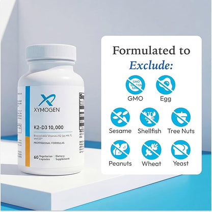 XYMOGEN K2-D3 10000 - Vitamin D3 K2 Supplement for Immune, Bone & Cardiovascular Support* - Non-GMO, Gluten-Free, Vegetarian - 60 Capsules