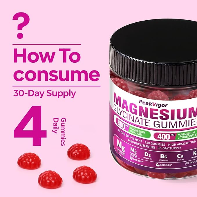 5 IN 1 Magnesium Glycinate Gummies,1400mg Magnesium Complex with Glycinate, L-Threonate, Vitamin B6, CoQ10 & Black Pepper, Organic, Non-GMO, Third-Party Tested, Gut-Friendly & Easy-to-Chew 120 Gummies