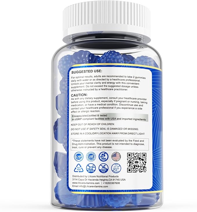 LILICARE Methylene Blue Gummies for Humans, Brain Supplement with NAC, VIT B3 & L-Theanine, Brain & Mitochondrial Support, Enhances Energy, Focus and Cognitive Clarity, Sugar Free, 120 Ct