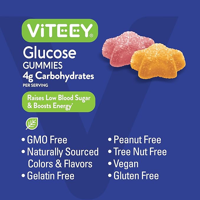 Viteey Glucose Gummies - 4g of Carbohydrates - Fast Acting Alternative to Glucose Tablets - Energy and Blood Sugar Support - Vegan, Gluten Free, Gelatin Free - 120 Count