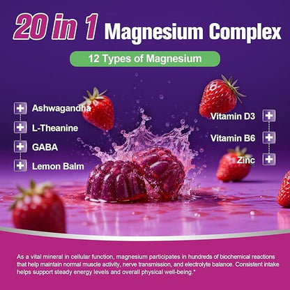 Migcopat Magnesium Complex Gummies, 20 in 1 Magnesium Gummy with Glycinate Citrate Malate Taurate - Ashwagandha, L-Theanine, D3&Zinc for Relaxation, Sleep, Muscle&Heart Support, Strawberry, 60 Cts