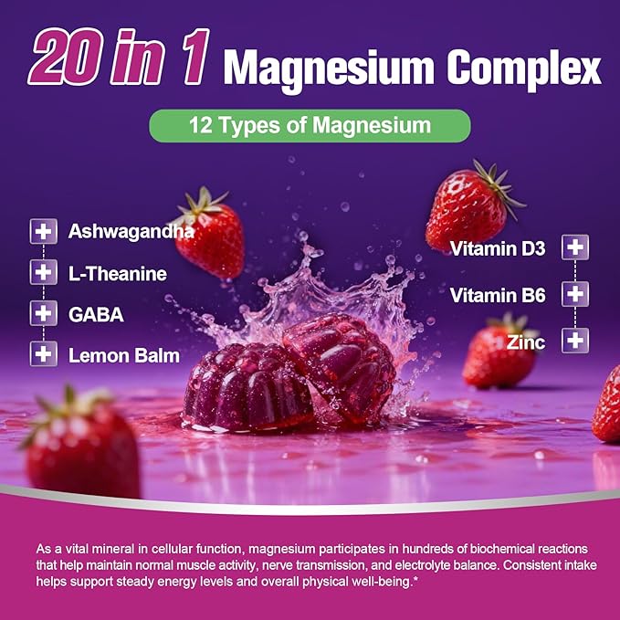 Migcopat Magnesium Complex Gummies, 20 in 1 Magnesium Gummy with Glycinate Citrate Malate Taurate - Ashwagandha, L-Theanine, D3&Zinc for Relaxation, Sleep, Muscle&Heart Support, Strawberry, 120 Cts