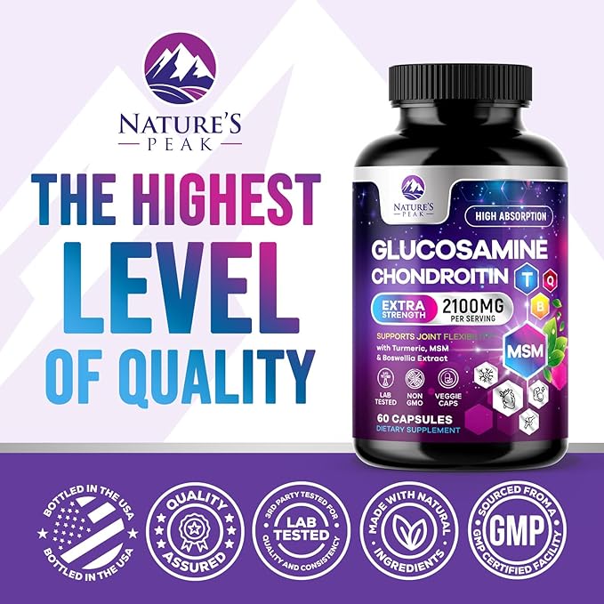 Glucosamine Chondroitin & MSM - 3x Strength Joint Support Supplement for Mobility & Comfort - Glucosamine Complex with Turmeric, Boswellia, Bromelain & Quercetin - Bottled in USA - 60 Capsules