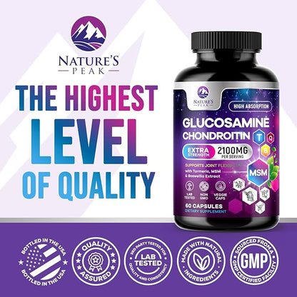 Glucosamine Chondroitin & MSM - 3x Strength Joint Support Supplement for Mobility & Comfort - Glucosamine Complex with Turmeric, Boswellia, Bromelain & Quercetin - Bottled in USA - 60 Capsules
