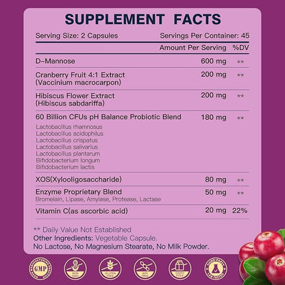 DRFOSTER Urinary Tract Health for Women, Vaginal Probiotics for Women pH Balance with D-Mannose, Cranberry, Probiotics and Prebiotics for Digestive Helath 90 Veggie Capsules