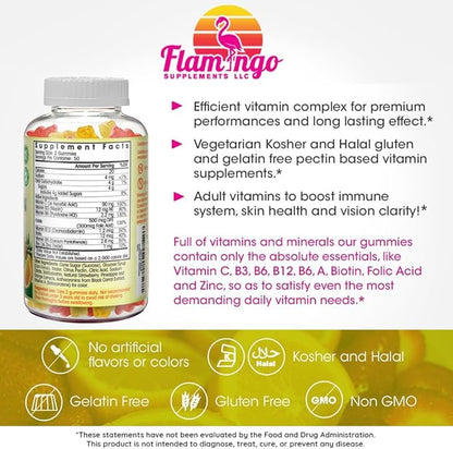Flamingo Supplements Multivitamin Gummies | Vegan Friendly, Kosher Halal NO Gluten or Gelatin, no GMO| for Men, Women & Kids| 3 Natural Flavors | Vitamins C, B3, B12, Biotin, Zinc & More| 100 Gummies