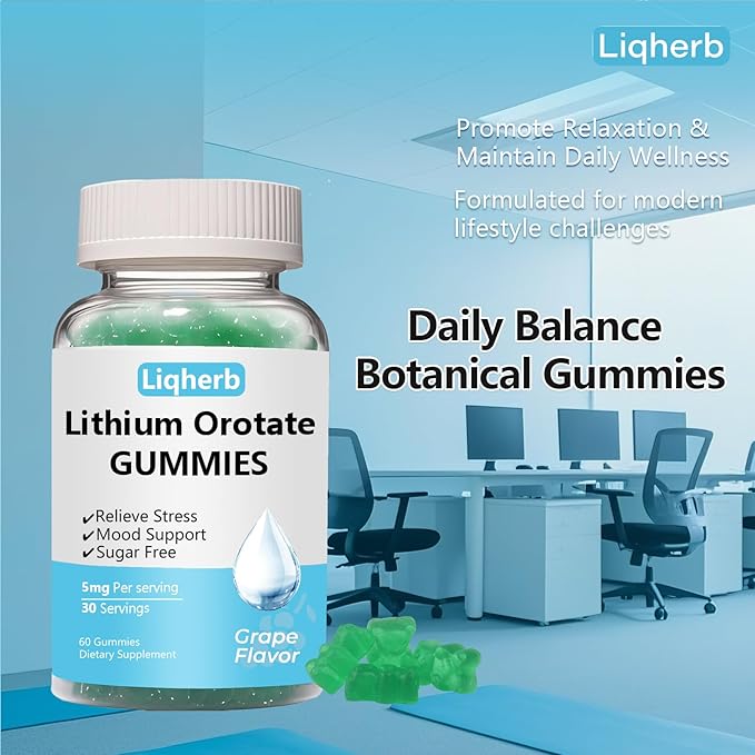 Lithium Orotate 5mg Gummies for Mood Support & Stress Management - Vegan Sugar-Free, Non-GMO, Gluten Free, Grape Flavor, 60