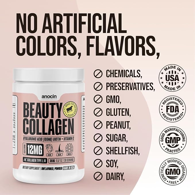 anocin Beauty Collagen Peptides Powder – Hydrolyzed Type I & III, Grass-Fed, Unflavored – Supports Skin, Hair & Nails with Hyaluronic Acid + Vitamin C – Dissolves Easily – 20 g Collagen per Serving