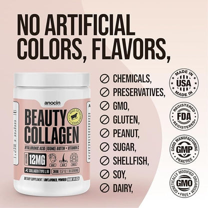 anocin Beauty Collagen Peptides Powder – Hydrolyzed Type I & III, Grass-Fed, Unflavored – Supports Skin, Hair & Nails with Hyaluronic Acid + Vitamin C – Dissolves Easily – 20 g Collagen per Serving