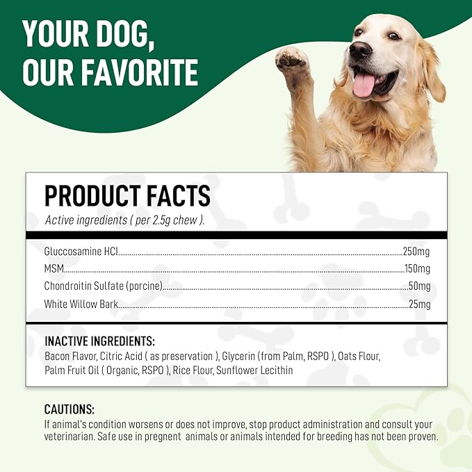 120 Chews Hip and Joint Supplement for Dogs - Glucosamine, Chondroitin & MSM,Dog Joint Supplement - Mobility, Flexibility & Cartilage Support - Bacon Flavor
