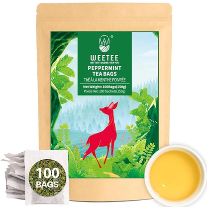 WT WEETEE Peppermint Tea Bags, Made with 100% Pure Peppermint, Fresh Minty Flavour Herbal Tea, Naturally Caffeine Free, 100 Count